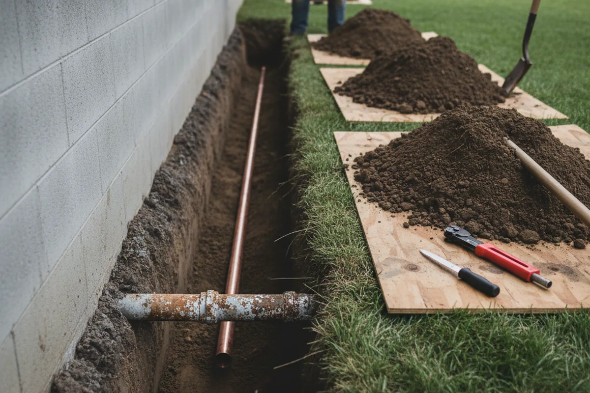 Excavated water line trench during Water Softener Installation in Cullom